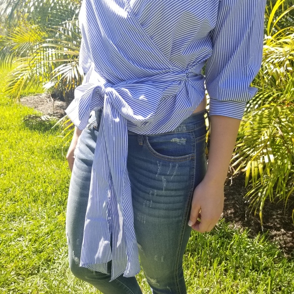 Blue Stripe Wrap Top - Picture 4 of 8